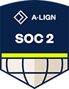 A-LIGN SOC 2 badge, cybersecurity compliance certification, demonstrating data security and privacy standards.