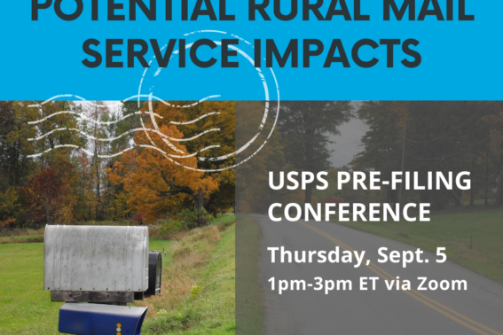 Mailbox on side of a rural road with a headline that reads Register for the USPS Webinar: Potential Rural Mail Service Impacts