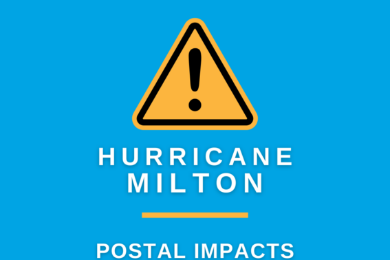 "Hurricane Milton warning sign highlighting postal impacts, emphasizing preparedness for potential disruptions. Stay informed and safe during the hurricane season."