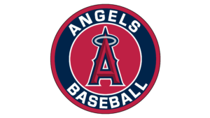Los Angeles Angels emblem featuring a stylized 'A' with a halo, representing the Major League Baseball team, in red, white, and blue colors.