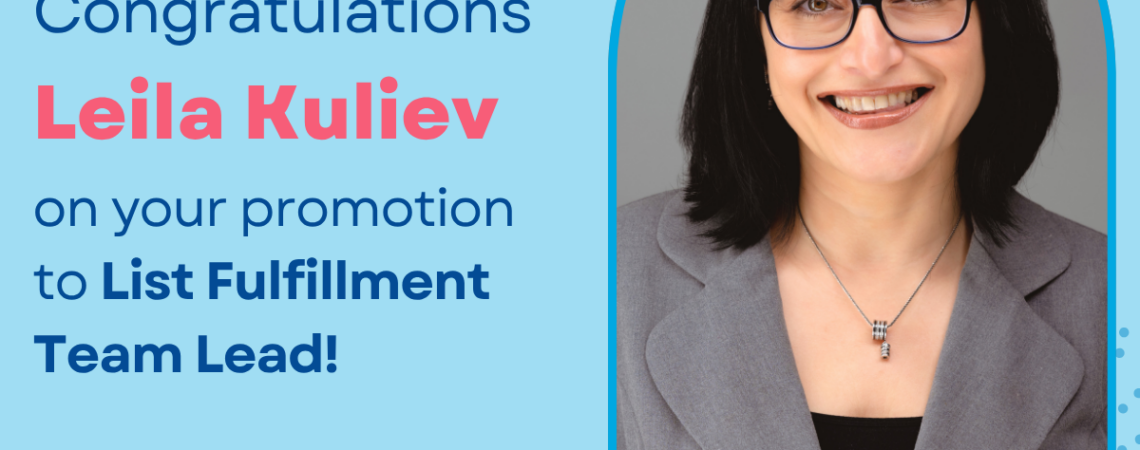 headshot of Leila with a congratulations on promotion message