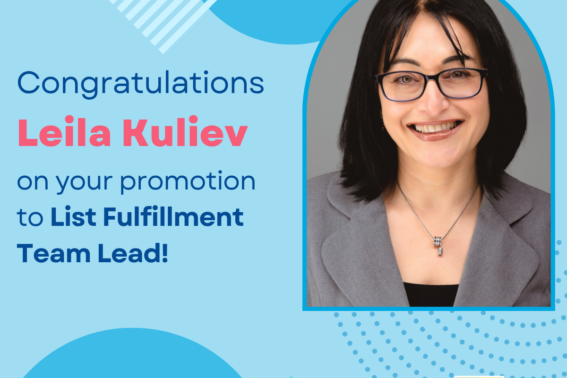 headshot of Leila with a congratulations on promotion message