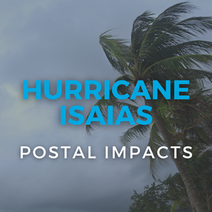 Palm tree in high winds with text overlay Hurricane Isiais Postal Impacts